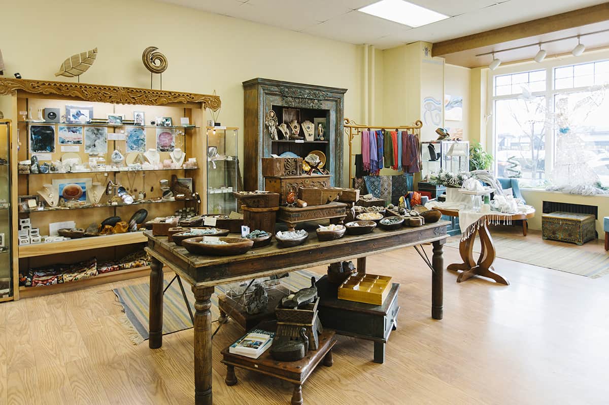 inside of a crystal shop and wellness marketplace