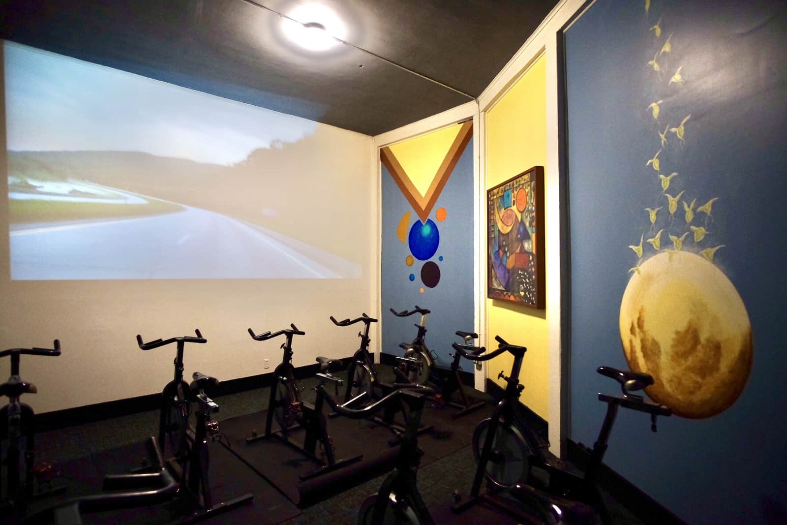 room with stationary bikes and abstract paintings on the wall