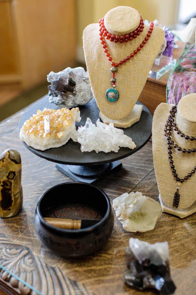 jewelry on display with crystals